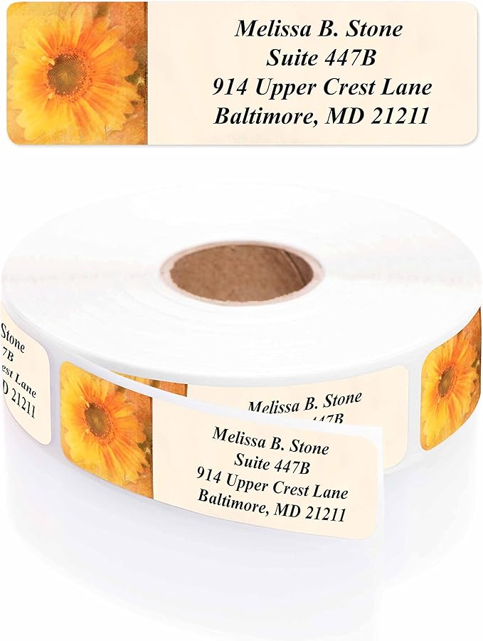 Golden Sunflower Designer Rolled Address Labels with Elegant Plastic Dispenser