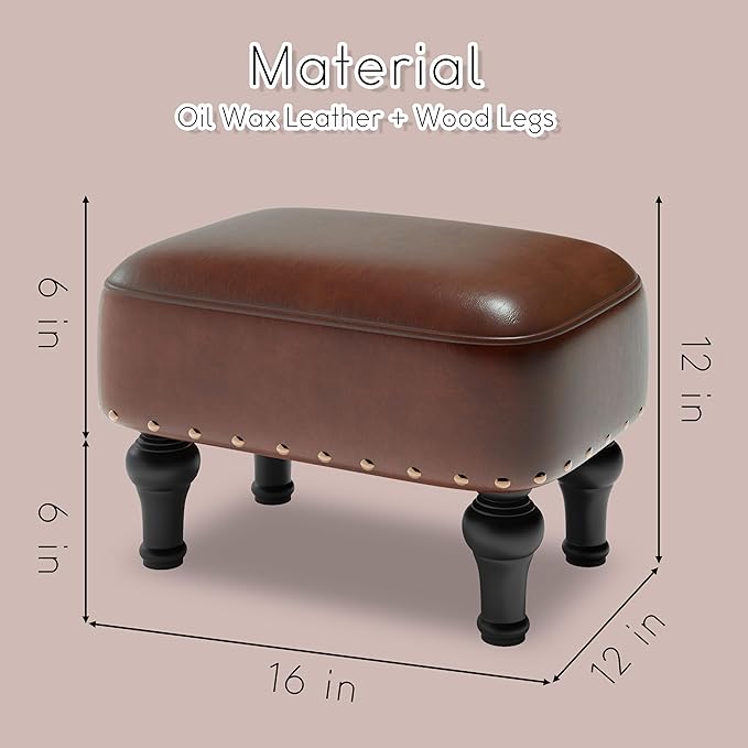 Ottoman Leather Foot Rest with Thicker Foam Padded Seat, Footstool with Wooden Legs (Brown)