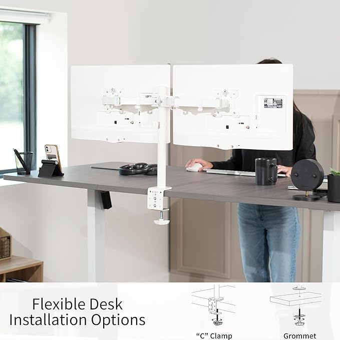 VIVO White Dual 13 to 27 inch LCD LED Monitor Desk Mount Stand with C-clamp and Bolt-Through Grommet, Heavy Duty Fully Adjustable Arms for 2 Screens STAND-V002W