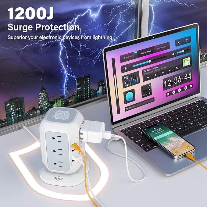 AiJoy Surge Protector Power Strip - 12 AC Outlets, 4 USB Ports (1 USB-C), 10ft Extension Cord, Charging Station with Surge Protection for Home, Office, Dorm