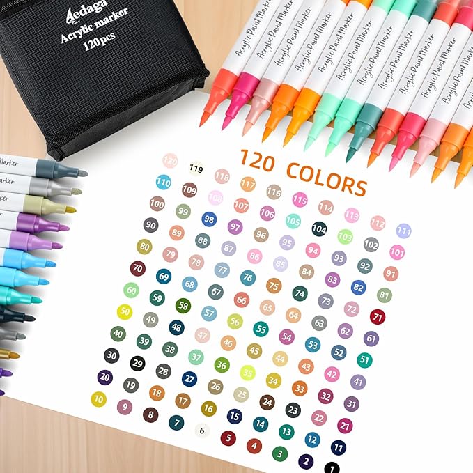 YHC 120 Colors Acrylic Paint Pens with Free App, Dual Tip Acrylic Paint Markers with Brush Tip and Fine Tip for Adults, Kids, Eggs, Wood, Rock, Canvas, Plastic, Stone, Glass, Ceramic