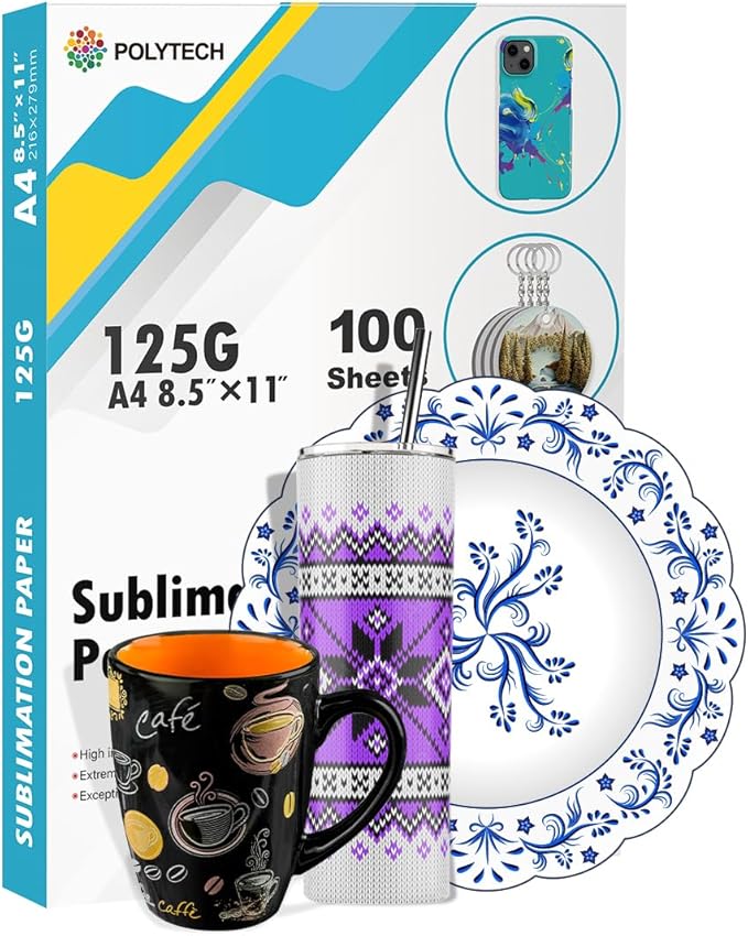 Polytech Sublimation Paper, 8.5x11, 100 Sheets, Heat Transfer Paper for All Sublimiation Blanks, For All Sublimation Printer and Ink, For Tumblers, Magnet Blanks, Ceramic Ornaments, Light T-Shirt,125G
