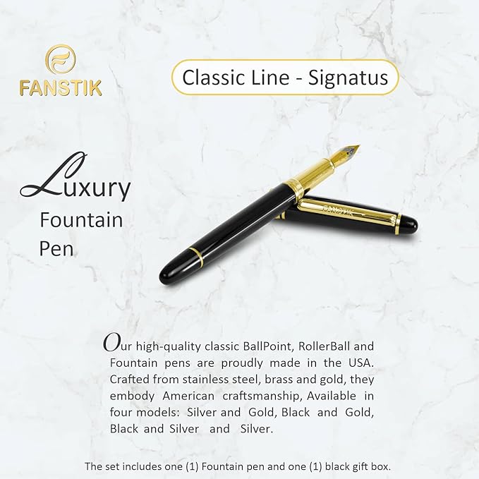 Customized Fountain pen with name (MADE IN USA), stainless steel, black and gold, luxury engraved pen personalized for men and for women. (Fountain Black-Gold)