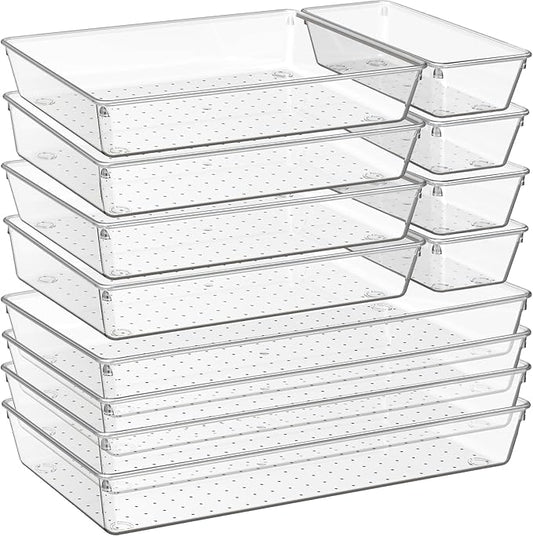 Criusia 12 Pack Large Clear Plastic Drawer Organizer Trays | MULTI-USE Acrylic Drawer Storage for Kitchen, Bathroom, Makeup, Office, School, Undies | College Dorm Room, Home Apartment Essentials