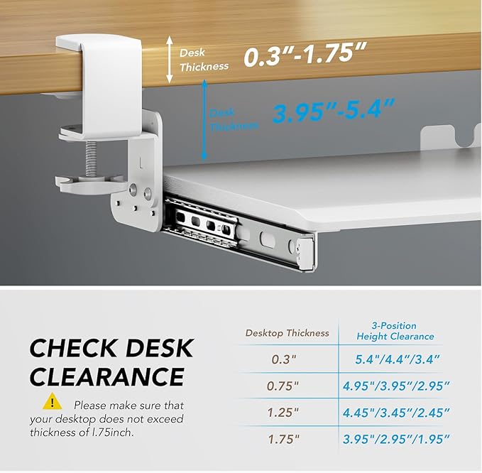 Keyboard Tray Under Desk Pull Out with Extra Sturdy C Clamp Mount System, 27.3 (32.5 inch Including Clamps) x 11 Inch Slide-Out Platform Computer Drawer for Typing White AX01WW01