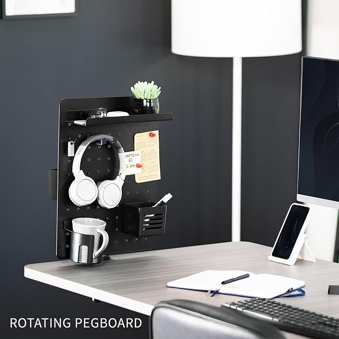 VIVO Steel Clamp-on Rotating Pegboard, 17 x 13 inch Magnetic Peg Board, Above or Below Desk Accessory Organizer, Black, PP-DK01C