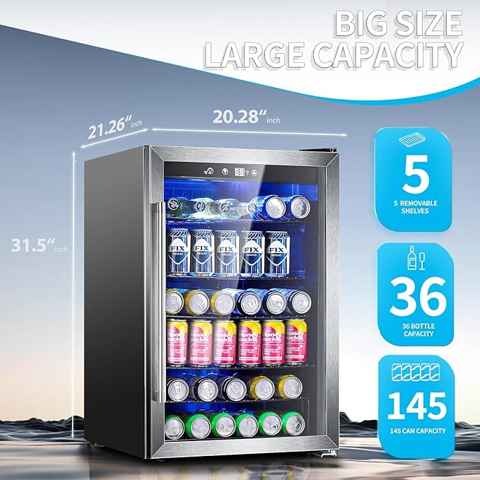 Antarctic Star Beverage Refrigerator,145 Can Mini Fridge,Freestanding wine cooler for Soda Beer or Wine,Glass Door, Small Drink Dispenser Machine, Touch Screen for Home Office or Bar, 4.5 cu.ft
