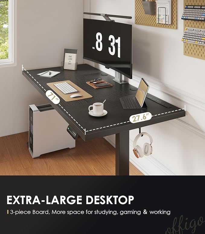 OffiGo Electric Standing Desk with 3-Piece Board, 71 Inch Height Adjustable Large Desk with Power Outlets, Sit Stand Table, Writing Computer Desk for Home, Office, Workstation, Black