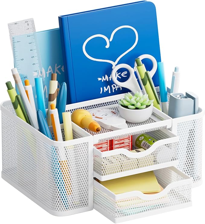 Marbrasse Mesh Desk Organizer, Pen Organizer with 2 Drawer, Multi-Functional Pencil Holder, Desk Organizers and Accessories with 5 Compartments + Drawer for Office Art Supplies (White)