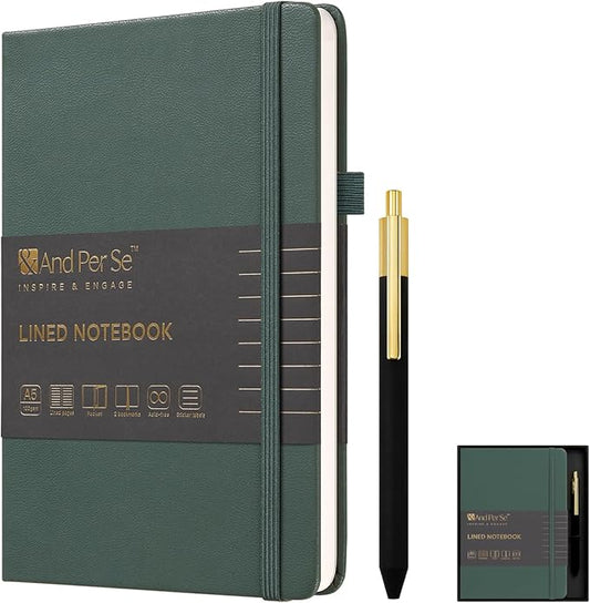 A5 Lined Leather Journal and Pen Set, Hardcover Notebook with Pen, 160 Pages 100gsm Thick Ruled Paper for Men Women, for Work, Business, School or Home Writing, 5.7'' x 8'', Gift Box Included(Green)