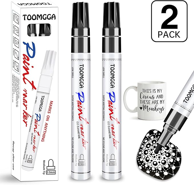 Black Paint Pens Permanent Paint Markers - 2 Pack Oil Based Marking Pens, Medium Point, Quick Drying and Waterproof Pens for Rock Painting Car Tyre Metal, Plastic, Canvas, Wood