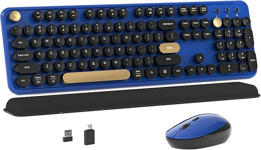 Colorful Wireless Computer Keyboard and Mouse Combo with Round Typewriter Keycaps, Retro Design, Power Switch, Ergonomic Design, 2.4GHz Wireless for Windows, Mac, PC(Black-Blue)