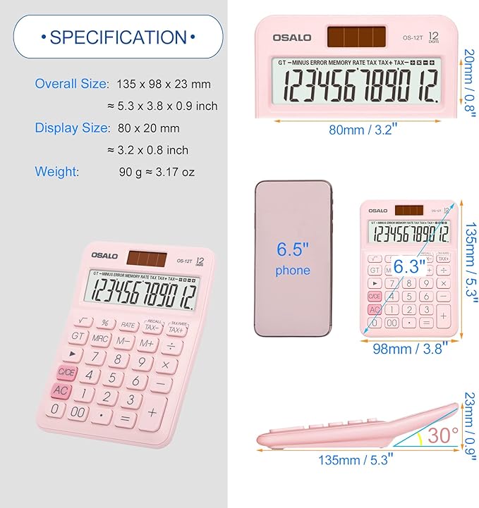 Pocket Small Size Desk Calculator, 12 Digit Large LCD Display, Basic Tax Function Handheld Desktop Calculator with Solar Battery Dual Power, Perfect for Office, School, Business OS-12T (Pink)