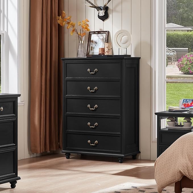 Farmhouse 5 Drawer Dresser for Bedroom, 45" Tall Rustic Chests of Drawers w/ 4 Solid Wood Feet, Mid Century Modern Wooden Closet Storage Dressers Organizer for Living Room, Hallway, Black
