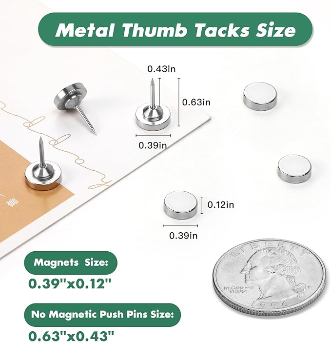 36 Pack Magnetic Pushpins, Silver Magnet Thumb Tacks, Metal Magnet Tacks, Decorative Pushpin Clip, Push Pins for Bulletin Board, Cork Board, Wall, Photo
