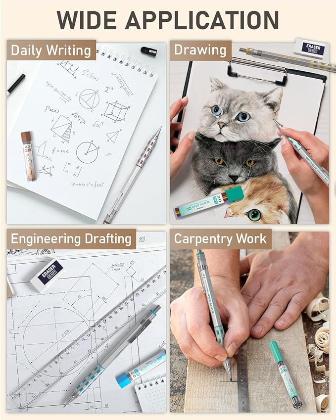 Nicpro 36PCS Blocky Gear Mechanical Pencil Set with Case, Metal Mechanical Pencils 0.3, 0.5, 0.7, 0.9, 2mm Lead Holder for Art Drawing Sketching with 21 Tubes (6B 4B 2B HB 2H 4H Colors) Lead Refills