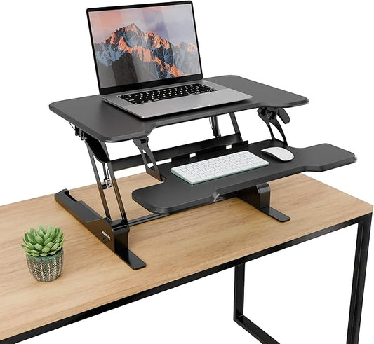 Mount-It! Height Adjustable Standing Desk Converter, Compact 30” Wide Tabletop Standing Desk Riser with Gas Spring, Desktop Stand Up Workstation with Keyboard Tray Fits Monitor or Laptop, Black