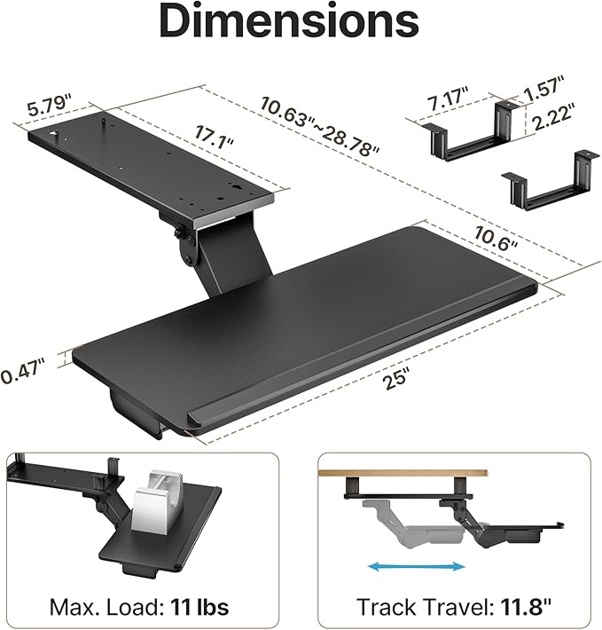 Keyboard Tray Under Desk with Storage Drawer, Height Adjustable Keyboard Tray Slide Out Swivel Tilt, Ergonomic Under Desk Mount Keyboard & Mouse Holder for Gaming Home Office, 25x11'', Black