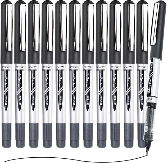 EYEYE Black Rollerball Pens 12 Pack, 0.7mm Medium Point Roller Ball Pen Quick Dry, Liquid Ink Pens Fine Point Smooth Writing Pen for Journaling, Note Taking, Office, School Supplies