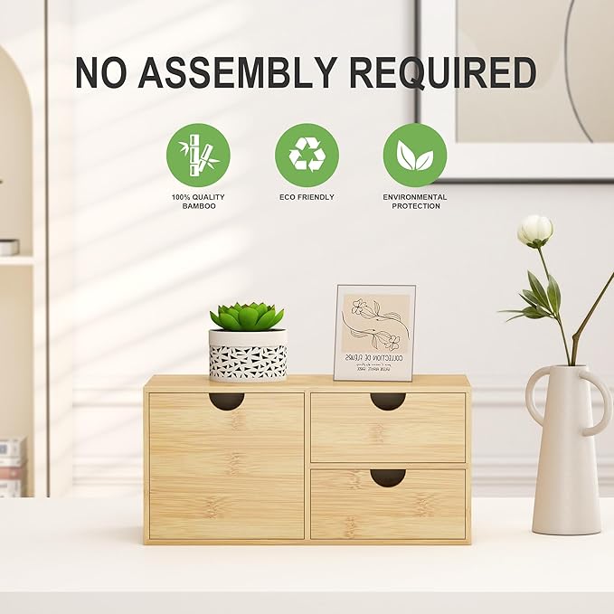 Desk Organizer With Drawers - Bamboo Wood Desktop Mail Organizer Storage Box for Office Home Bathroom Vanity Dresser Top, No Assembly Required (3 Drawer with Big Drawer)