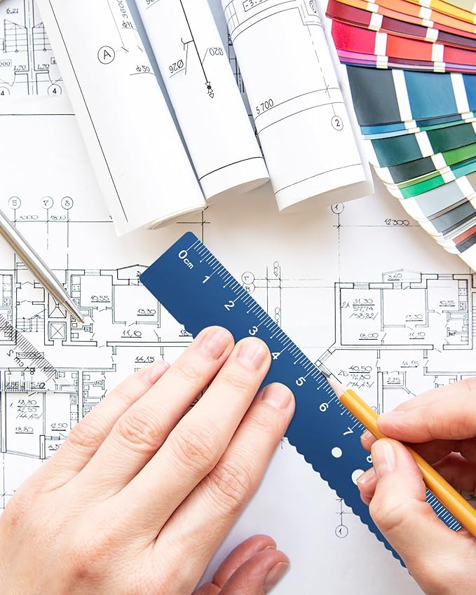 Honagu Triangular Ruler Set, 8 Pieces/2 Sets Aluminum Alloy Ruler, Metal Drafting Ruler, Geometric Protractor for Students, Draftsmen, Engineers, School Office Supplies (Blue+Blue)