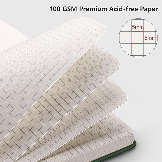 RETTACY Graph Grid Paper Notebook, 192 Pages, A5 Medium Size (5.7'' x 8.3''), 5 Squares per Inch, Leather Hardcover, 100 GSM Thick Paper, for School, Students, Math, Engineering (Dark Green)