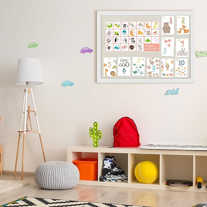 Cork Board Bulletin Board 18" x 24", Large Linen Corkboards with Frame for Walls, Cute Picture Display Pin Board Vision Board for Room School Office Bedroom 20 Pushpins Vintage White