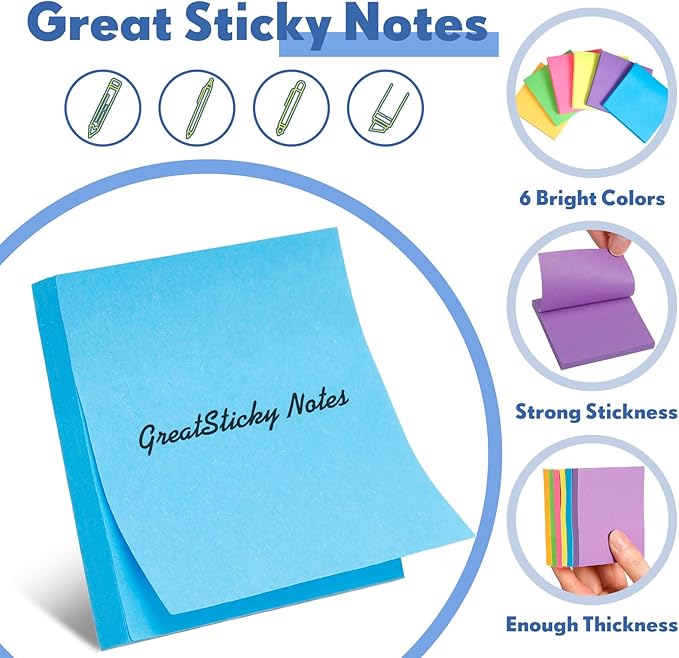Leinuosen 48 Pack Sticky Notes 3 x 3 Inches Cute Sticky Notes Bright Colors Self Stick Pads Memo Easy to Post for Home Desk Office Notebook, Message Reminder, Stationary Supplies Office Supplies