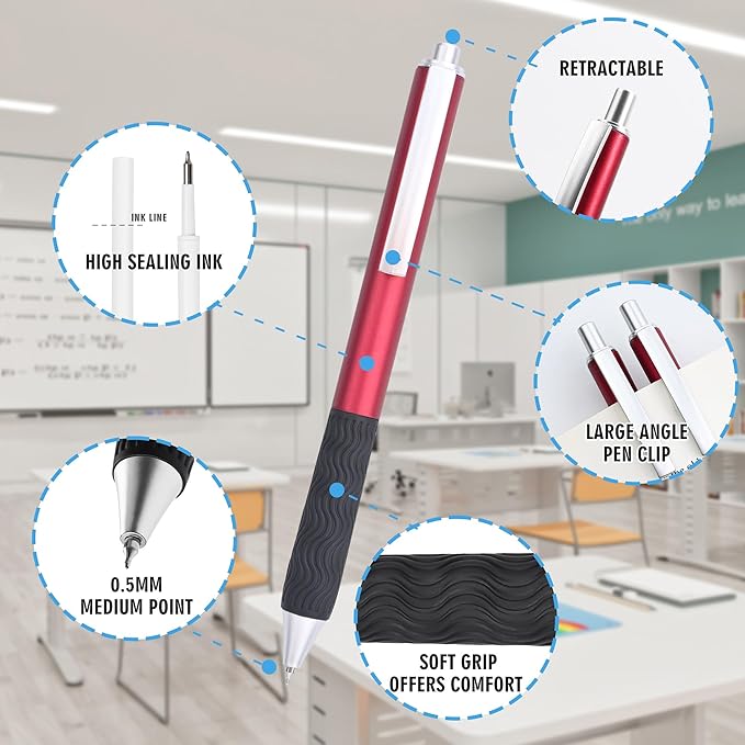 HZIDYAKE Gel Pens Bulk, 50 Black Ink Gel Pens, Smooth Writing Without Losing Ink, 0.5mm Fine Tip for Schools, Offices, Nurses Notes Office Supplies (Red Body)