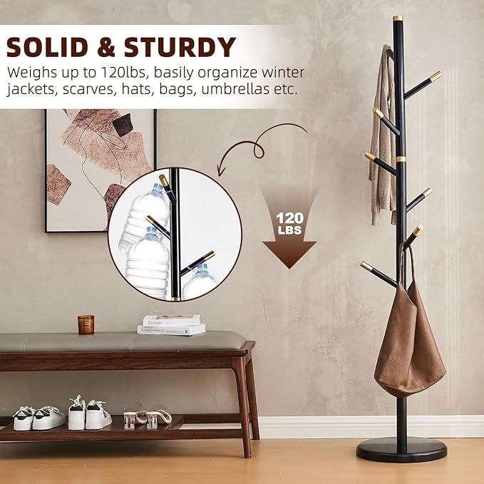 Uniclinens Coat Rack Freestanding Solid Wood Coat Tree Standing with 7 Hooks, Coat Rack Stand Creative Tree Branch-look (Black)