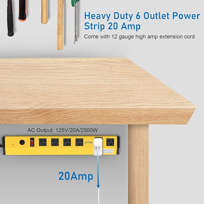 CCCEI Heavy Duty Power Strip Surge Protector 20 Amp, High Amp Industrial Shop Garage Metal Multiple Outlets, 4 FT 12 Gauge 5-15P Extension Cord 6 Outlet 6-20R T-Slot 20a for Appliance, Yellow.