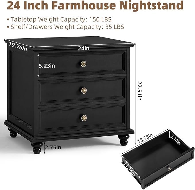 24" Wide Farmhouse Night Stand,Large End Table with 3 Drawers & Metal Handle,Black Wood Dresser for Bedroom Cabinet, Bed Side Tabl·e Chest of Drawers,Nightstand for Living Room,Close