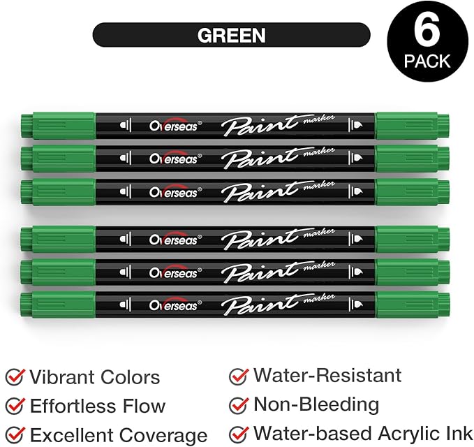 Overseas Green Acrylic Paint Markers, 6 Pack Dual Tip Paint Pens Acrylic Markers - Dot and Brush Tip Coloring Marker for Wood, Rock, Canvas, Glass, Metal, Plastic, Rubber, Fabric, School Supplies