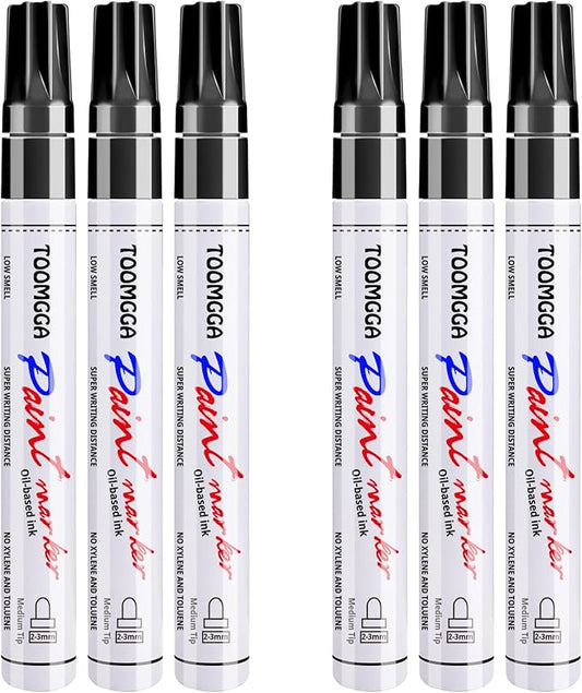 Black Paint Pens Permanent Paint Markers - 6 Pack Oil Based Marking Pens, Medium Point, Quick Drying and Waterproof Pens for Rock Painting Car Tyre Metal, Plastic, Canvas, Wood