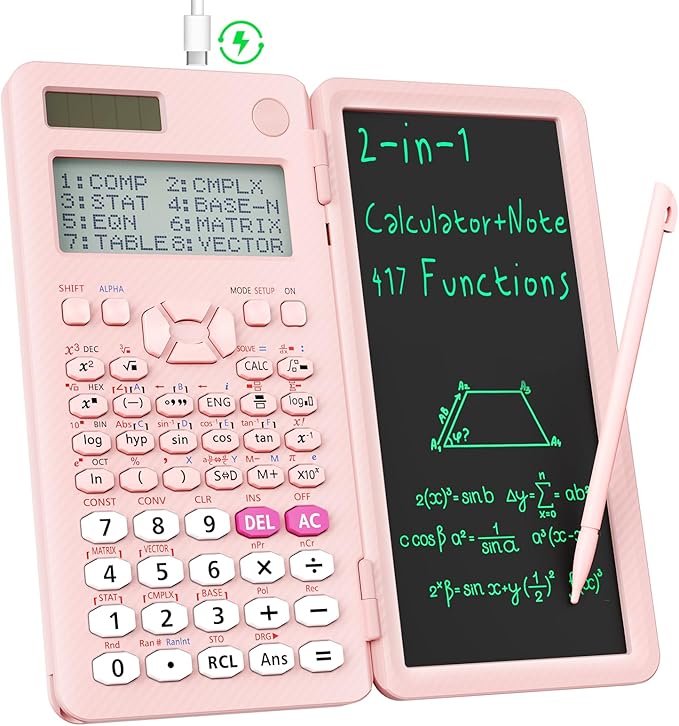 Rechargeable ROATEE 991ES MAX Scientific Calculators, CalcNote Multiview 4-Line Display with LCD Writing Tablet Notepad, Foldable Portable for Business High School College Students and Teacher(Pink)