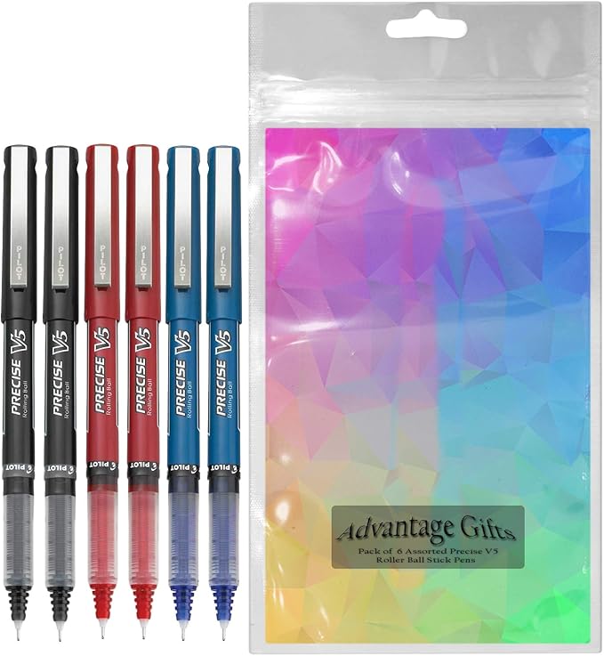Precise V5 Stick Rolling Ball Pens, Extra Fine Point (.5mm), Assorted Colors Black/Blue/Red Ink, 6-pk; Bundle with Plastic Reusable Pouch