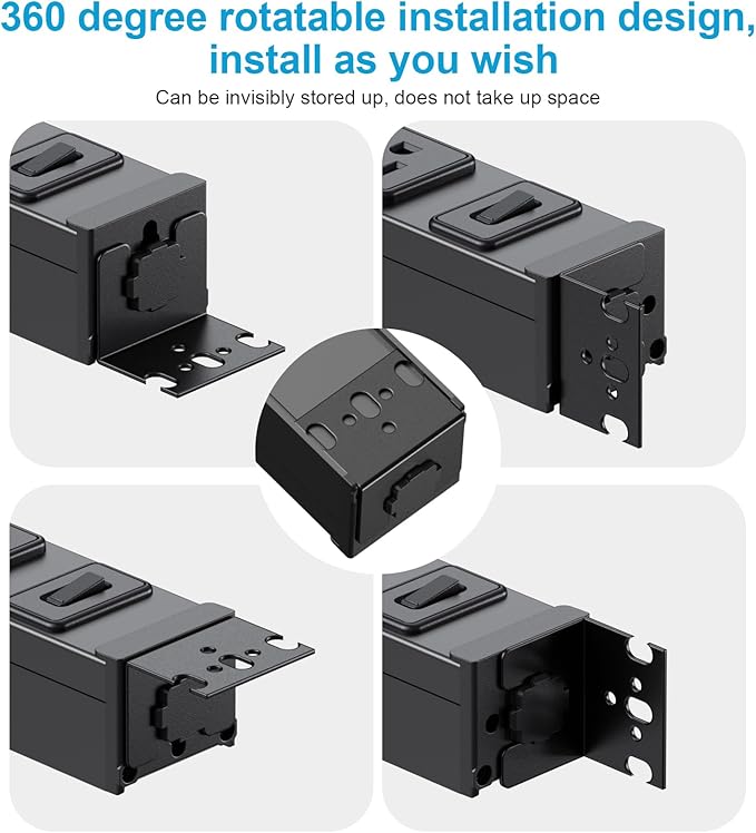 HHSOET 360° Rotating 12 Outlet Mountable Power Strip, Metal Gaming Table Mounted Outlet Strip, Heavy Duty Wall Mount Surge Protector with Switch, Works Great and Very Versatile, 15ft Power Cord.Black