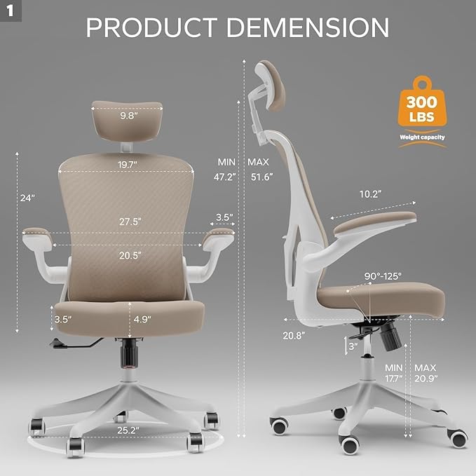 Ergonomic Office Chair with Adjustable Lumbar Support & Flip-Up Armrests - High Back Computer Desk Chair with Thickened Seat Cushion, Rolling Wheels for Home/Office Study Work