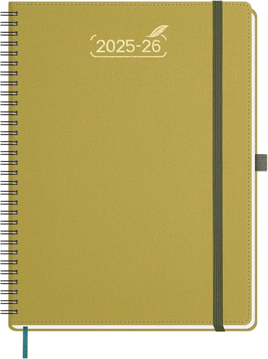 BEZEND Weekly Planner 2025-2026 with 2 Columns, 8.5" x 11" Academic Calendar 18 Months (Jul 25-Dec 26) Life Work Appointment Book with Monthly Tab, PU Leather Softcover Spiral - Mustard
