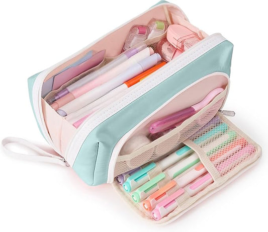 Sooez Big Capacity Pencil Case, Extra Large Pencil Pouch with Zipper Pocket, Wide Opening Pencil Bag, Portable Stationery Organizer, Cute Aesthetic School Office Supplies for Teens Girls, Green