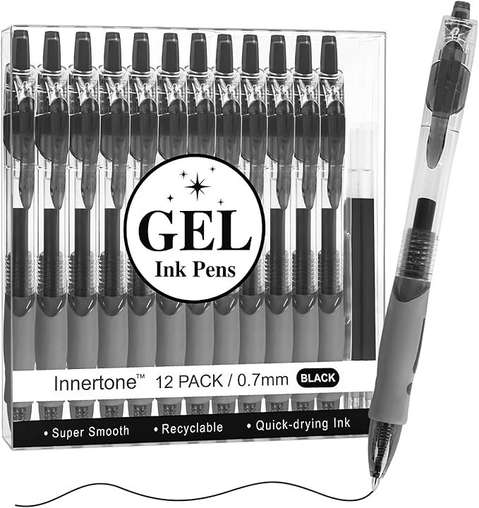 Innertone Black Gel Pens,12 Pcs Retractable Fine Point 0.7mm with 4 Refills,Black Pen，Featuring Smooth Writing and Quick-Drying Ink, Suitable for Women, Men, Journaling, School, and Office Use