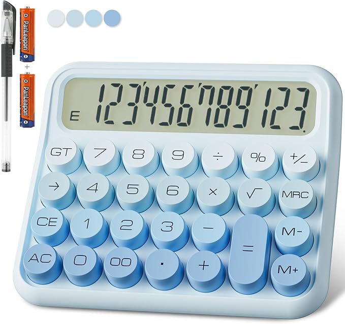 Mechanical Calculator 12 Digit Extra Large 5-Inch LCD Display, DECKLIT Battery Desk Calculator, Big Buttons Easy to Press Office Calculators Desktop, 15°Tilt Screen for Kids Calculator(Ice Blue)