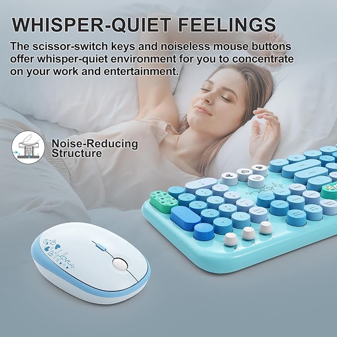 FOPETT Wireless Keyboard and Mouse Combo - 2.4G Full-Sized Cute Colorful Retro Keyboard with Round Keycaps 104 Keys Typewriter Keyboard for Laptop/Windows/PC-Blue Colorful