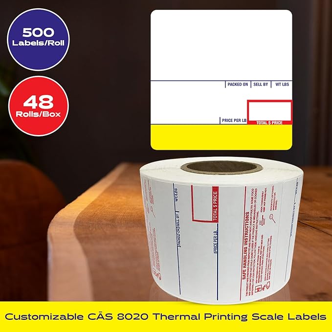 CEPRICO - Customizable CĀS Scale Labels - 48 Rolls of Thermal Printing Scale Labels – Compatible with CĀS LST-8020 | UPC Ingredient | Ideal for Supermarkets, Retailers and Grocery Stores