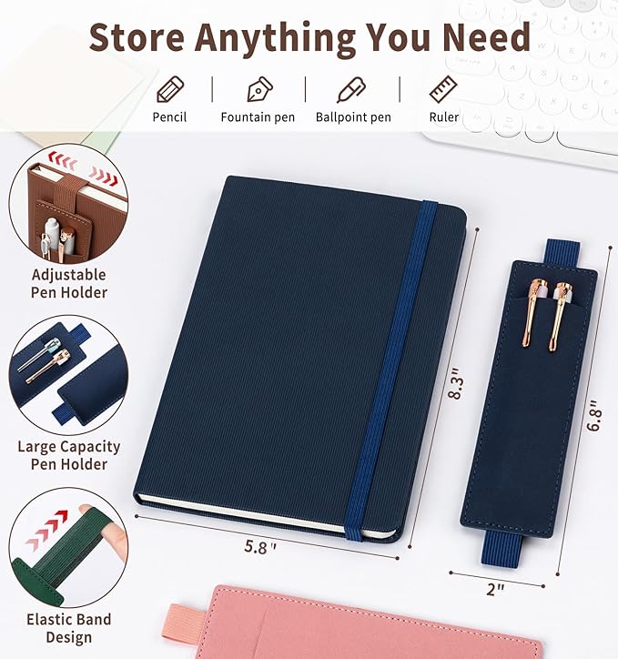 Lined Journal Notebook for Work, A5 Leather Notebook with Pen Holder, 100GSM/160 Pages Thick Paper, Daily Journals for Writing, School, Note Taking, Business, Travel, College Ruled