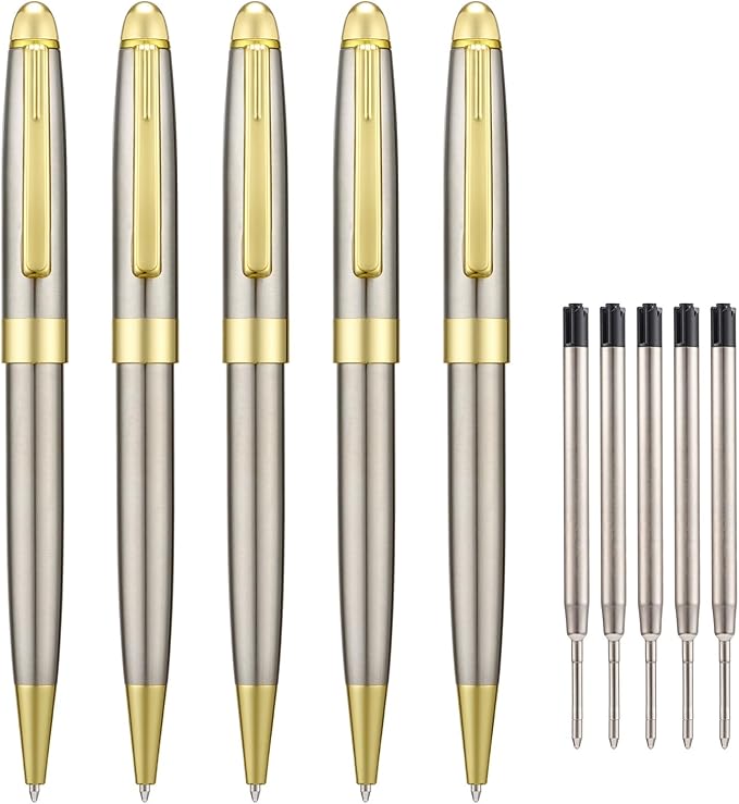 5 PCS Silver Ballpoint Pens with Extra Refills Set, 1mm Medium Point Black Ink, Great Smooth Writing Metal Pen for Business Office Teacher Student Wedding Guest Gift (Gold Trim)