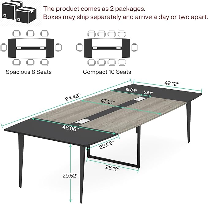 Tribesigns 8FT Conference Table, 94.48L x 47.21W x 29.52H Inches Boat Shaped Meeting Table with Rectangle Grommet, Modern Seminar Boardroom Table for Office Conference Room (Grey & Black, 8ft)
