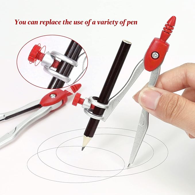 Math Geometry Kit Sets 10 Piece Student Supplies with Shatterproof Storage Box,Includes Rulers,Protractor,Compass,Eraser,Pencil Sharpener,Lead Refills,Pencil,for Drafting and Drawings（Red）