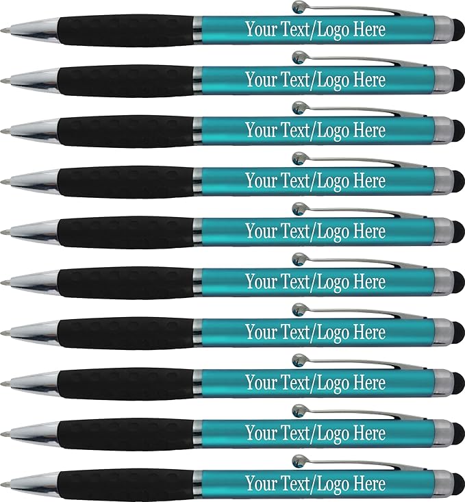Personalized Pens With your Custom Logo or Text-300 Pack Bulk-for Businesses, Parties, and Events, 2 in 1 Ballpoint Pen & Stylus for Touchscreen Devices, L'Blue Barrel, Black Ink