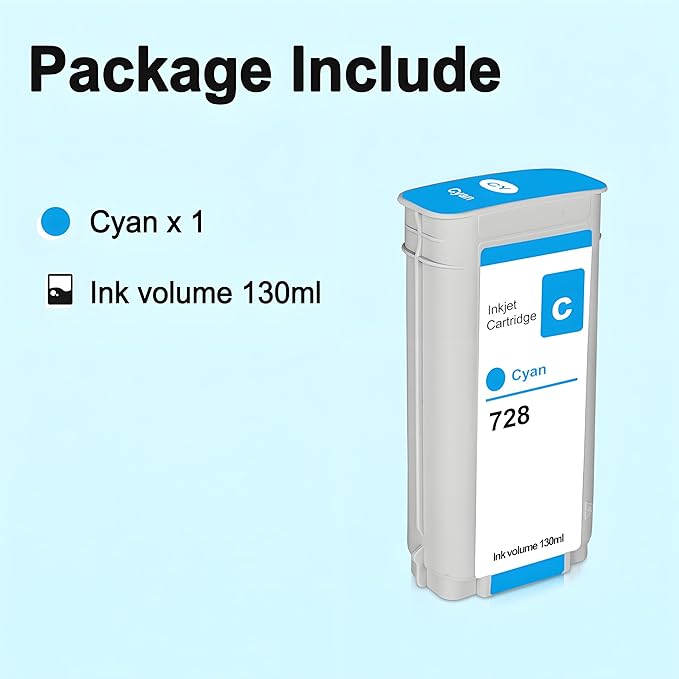 HPQ 728 Ink Cartridge Cyan 130ml Compatible with DesignJet T730 T830 MFP Large Format Plotter Printers (F9K17A) (1-Pack, Cyan)